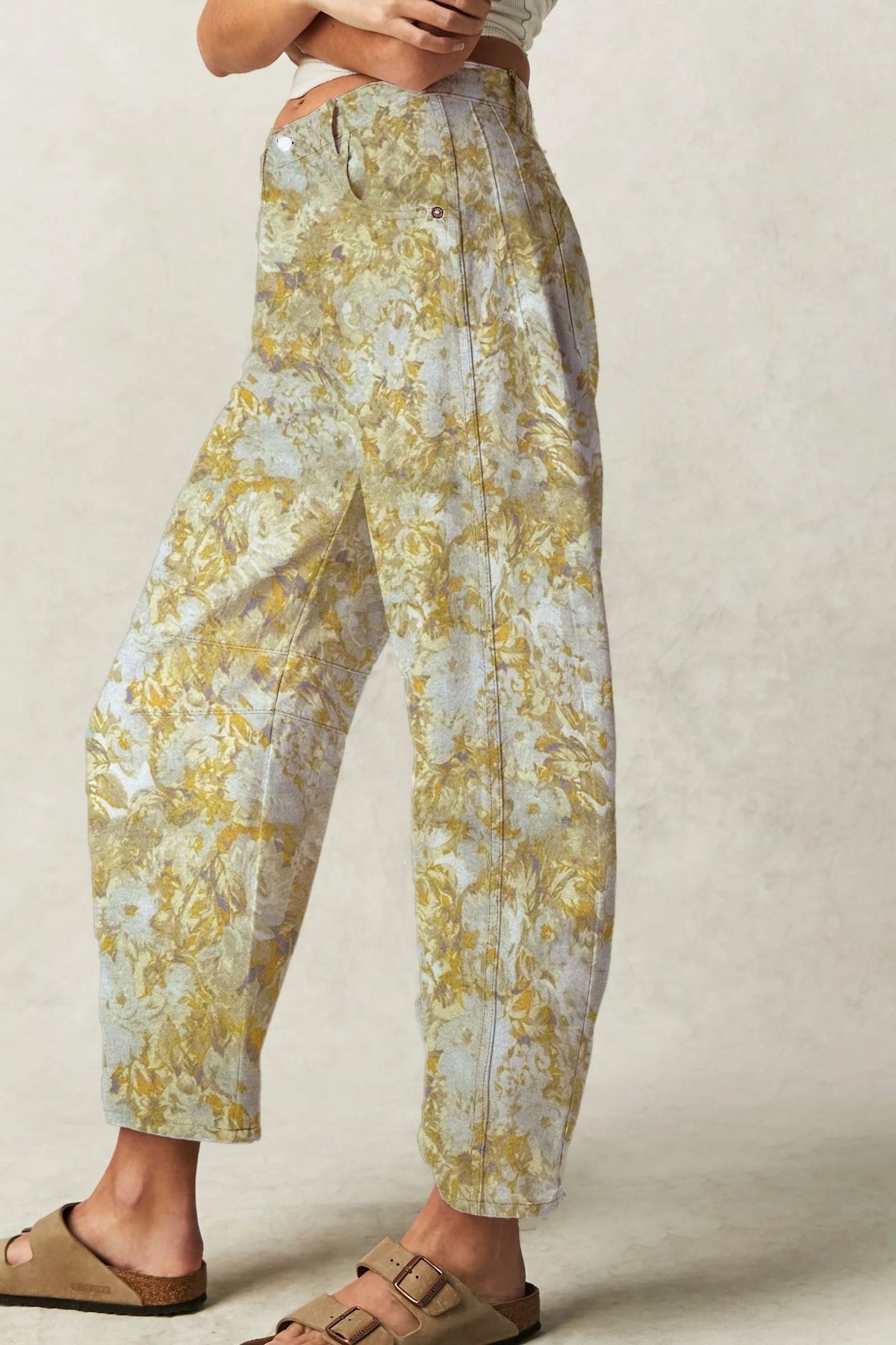 Doodle Print High Waist Barrel Jeans - Yellow - 2