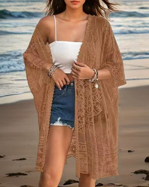 Sheer Lace Open Front Beach Kimono - Coffee