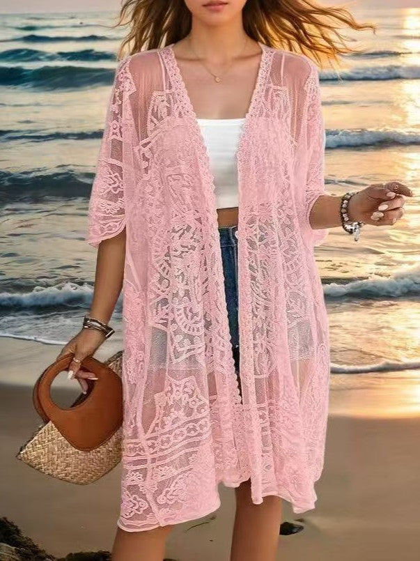 Sheer Lace Open Front Beach Kimono - Pink