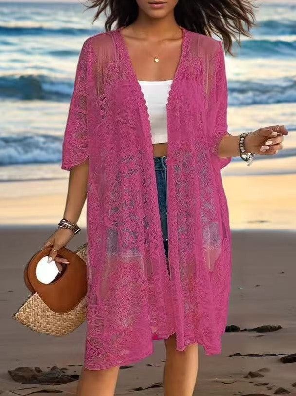 Sheer Lace Open Front Beach Kimono - Rose