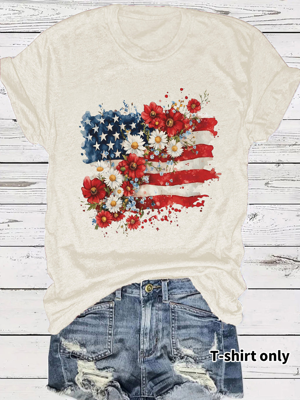 Floral Flag Print Crewneck Graphic Tee - Apricot