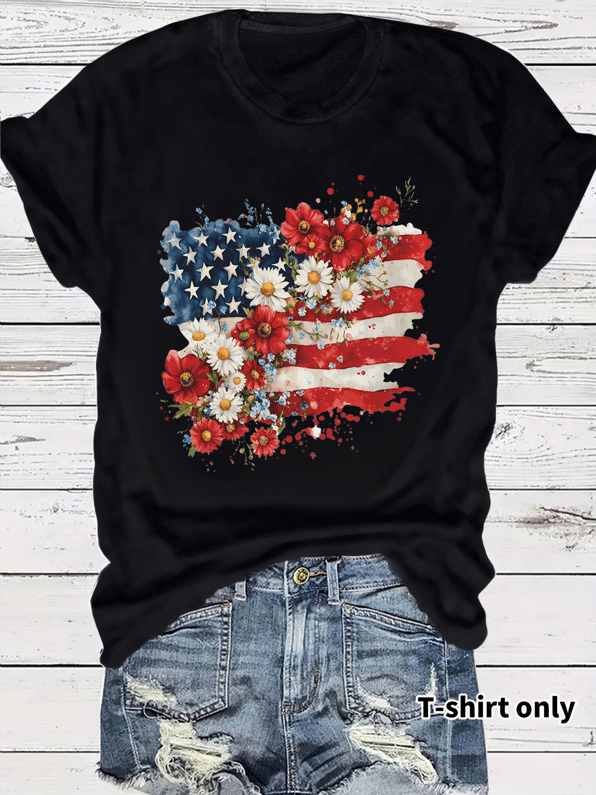 Floral Flag Print Crewneck Graphic Tee - Black