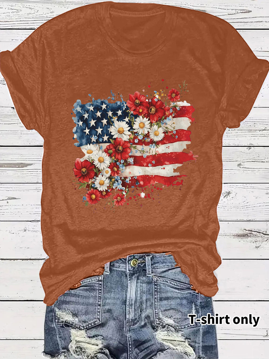 Floral Flag Print Crewneck Graphic Tee - Brown