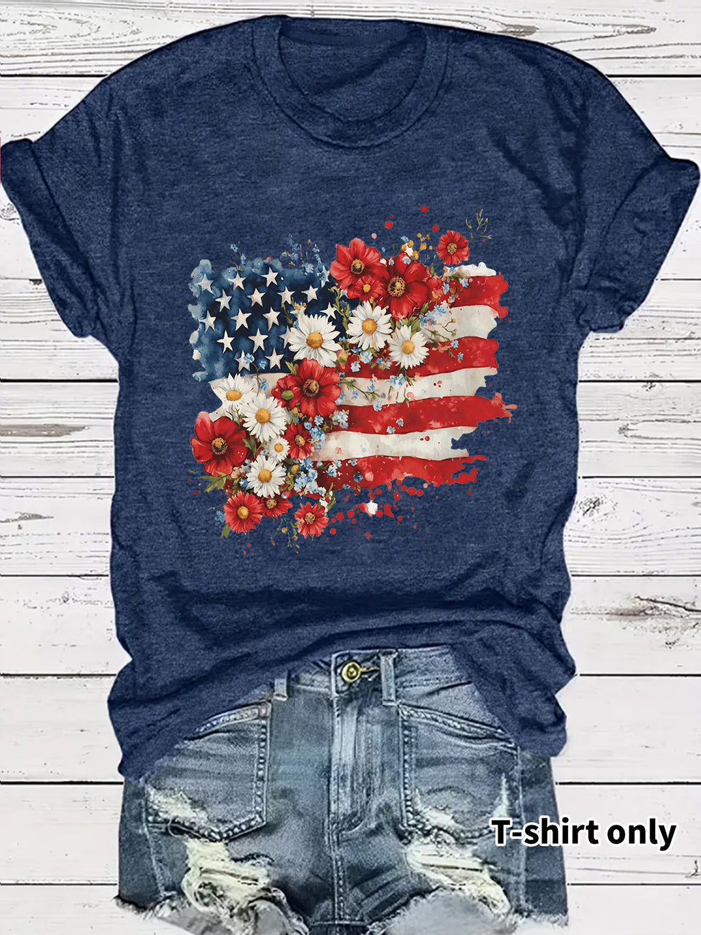 Floral Flag Print Crewneck Graphic Tee - DarkBlue