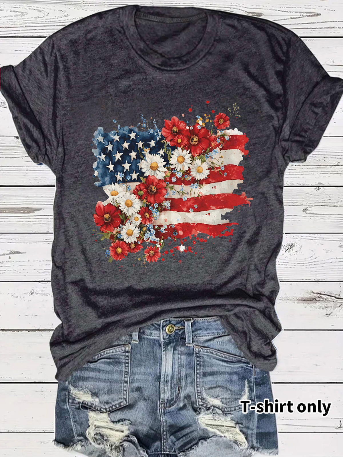 Floral Flag Print Crewneck Graphic Tee - DarkGrey