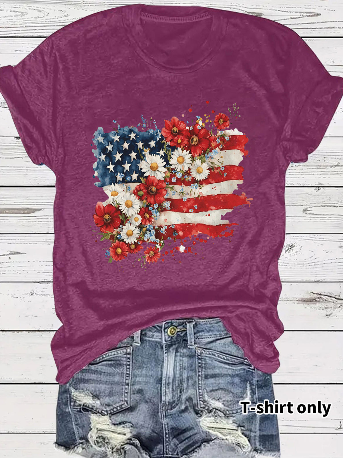 Floral Flag Print Crewneck Graphic Tee - Purple