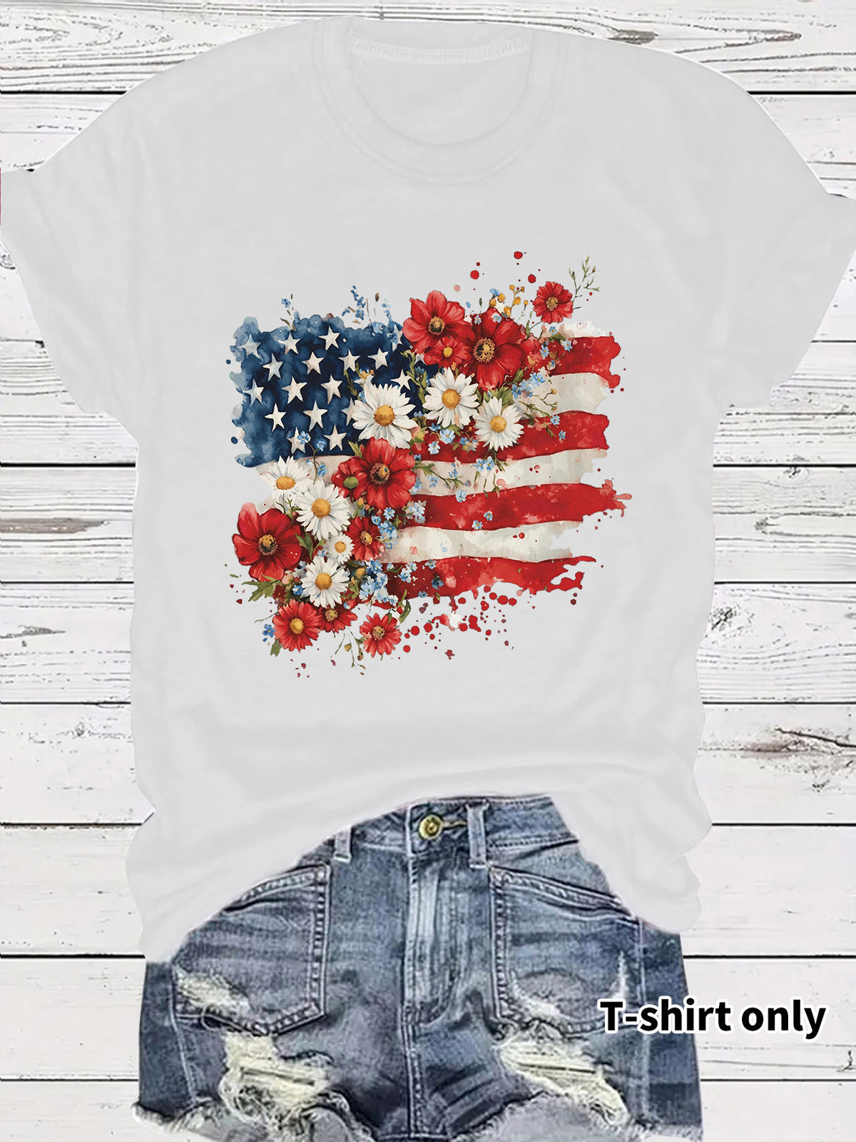 Floral Flag Print Crewneck Graphic Tee - White