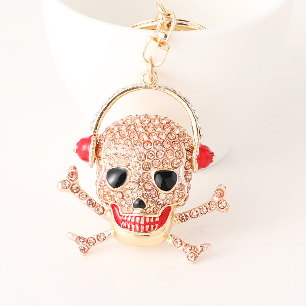 Rhinestone Skull Headphones Keychain Charm - Champagne