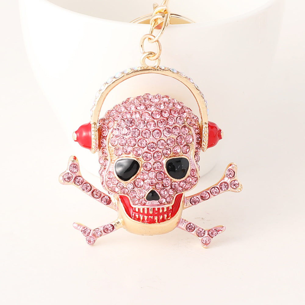 Rhinestone Skull Headphones Keychain Charm - Pink