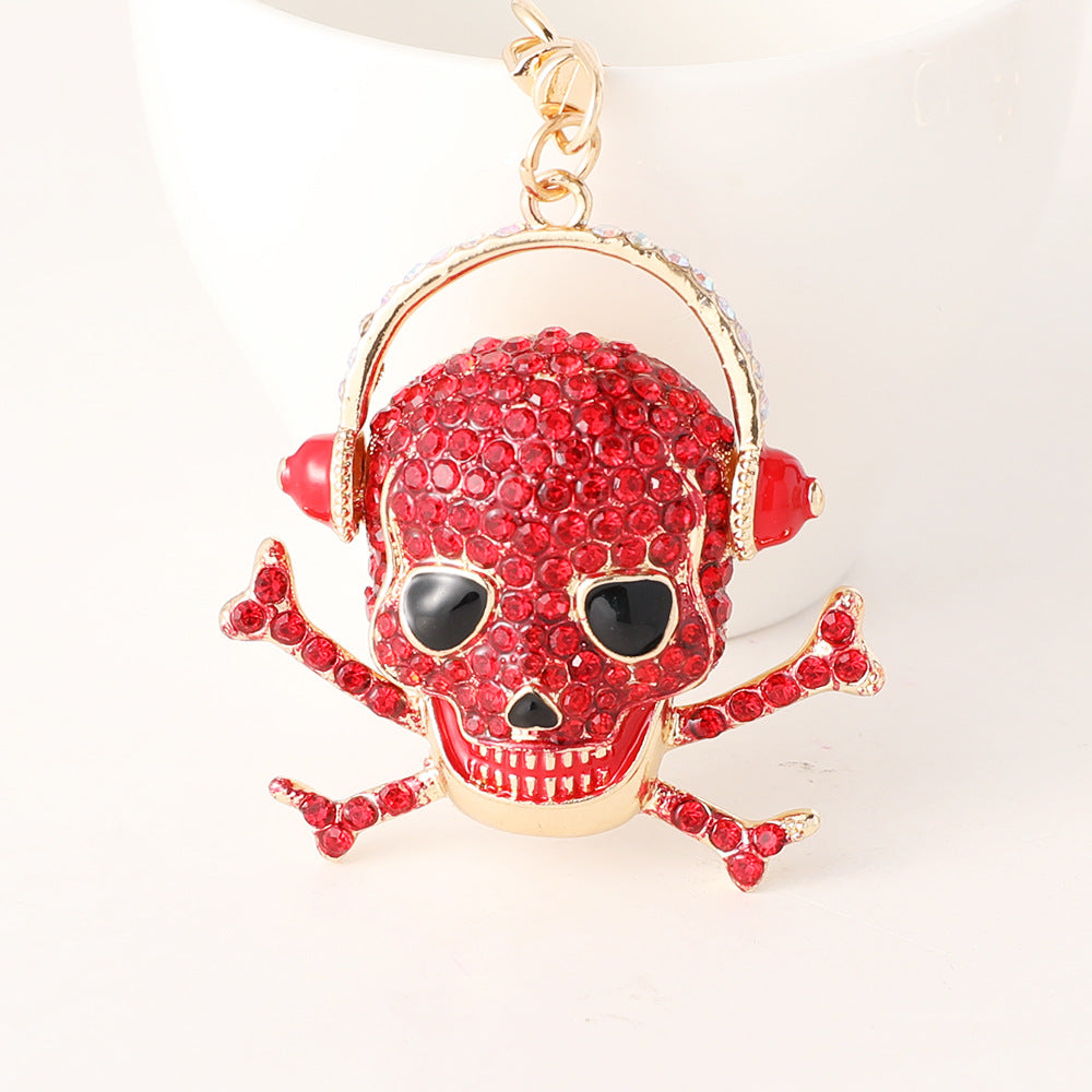 Rhinestone Skull Headphones Keychain Charm - Red