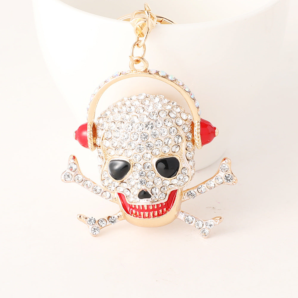 Rhinestone Skull Headphones Keychain Charm - White