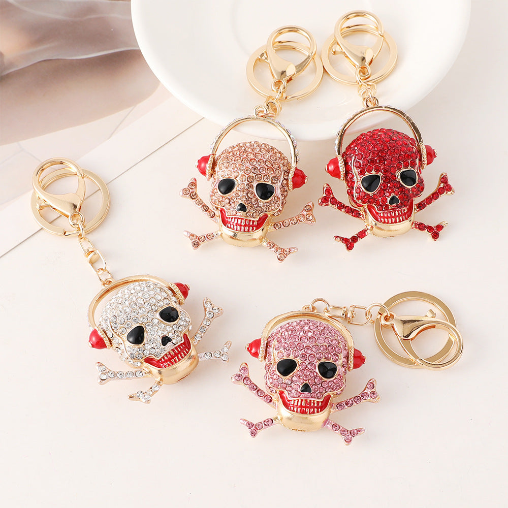 Rhinestone Skull Headphones Keychain Charm