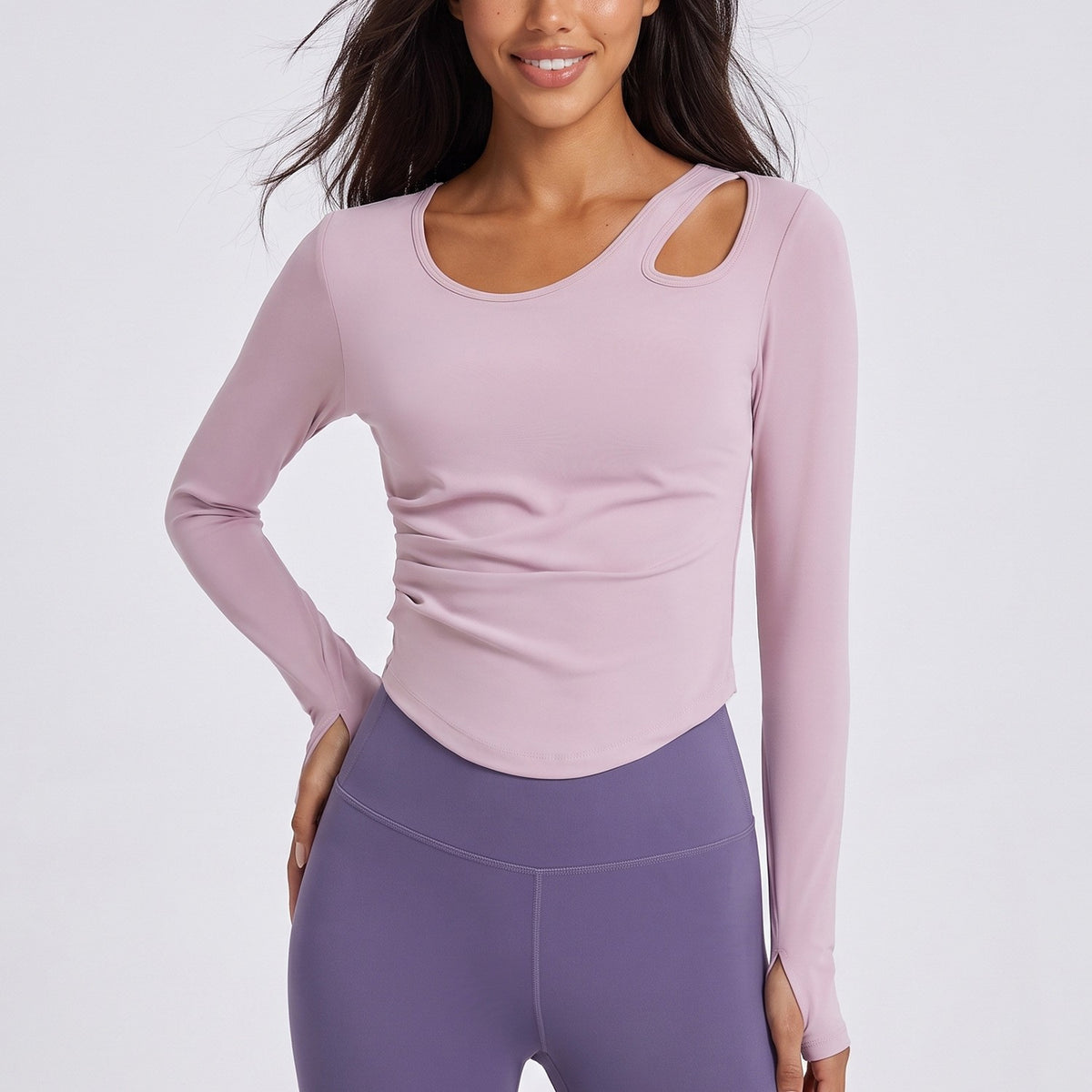 Padded Cutout Ruched Slim Fit Long Sleeve Yoga Top - Lilac Pink