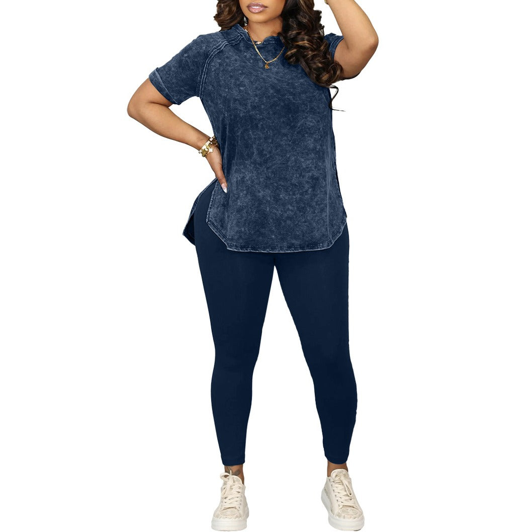Mineral Wash Split Hem Tee and Leggings Workout Set - Navy