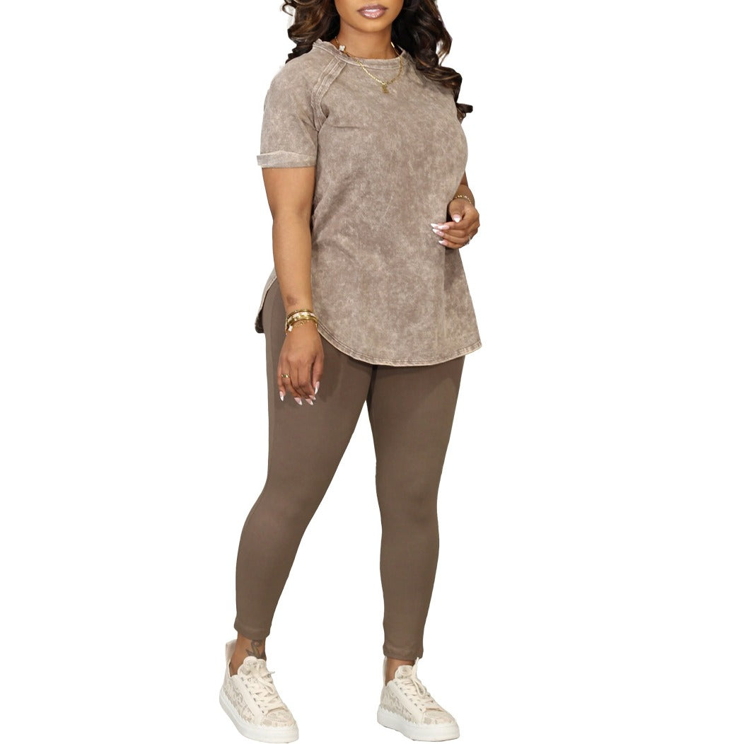 Mineral Wash Split Hem Tee and Leggings Workout Set - Taupe