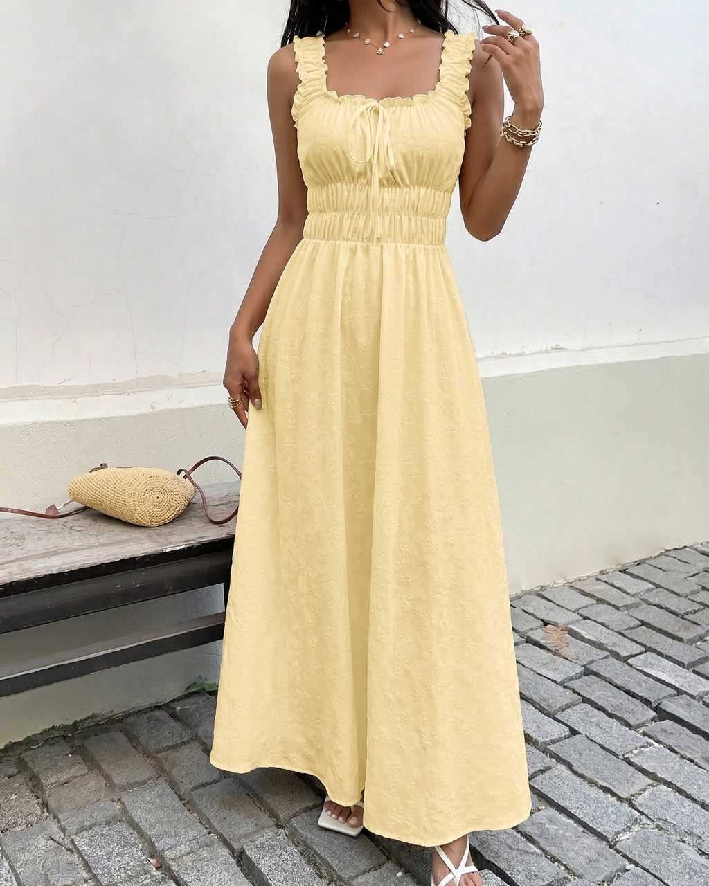 Textured Sleeveless Maxi Dress With Ruffle Straps - Yellow