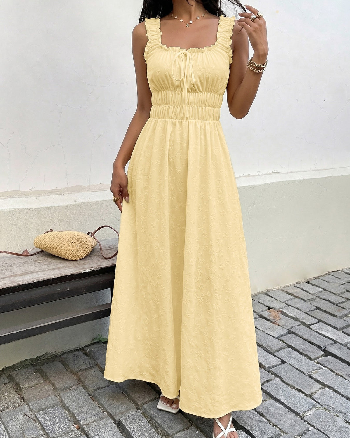 Textured Sleeveless Maxi Dress With Ruffle Straps - Yellow