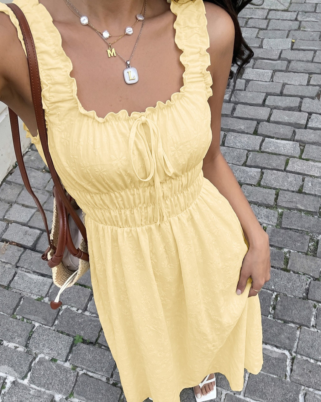 Textured Sleeveless Maxi Dress With Ruffle Straps - Yellow - 1