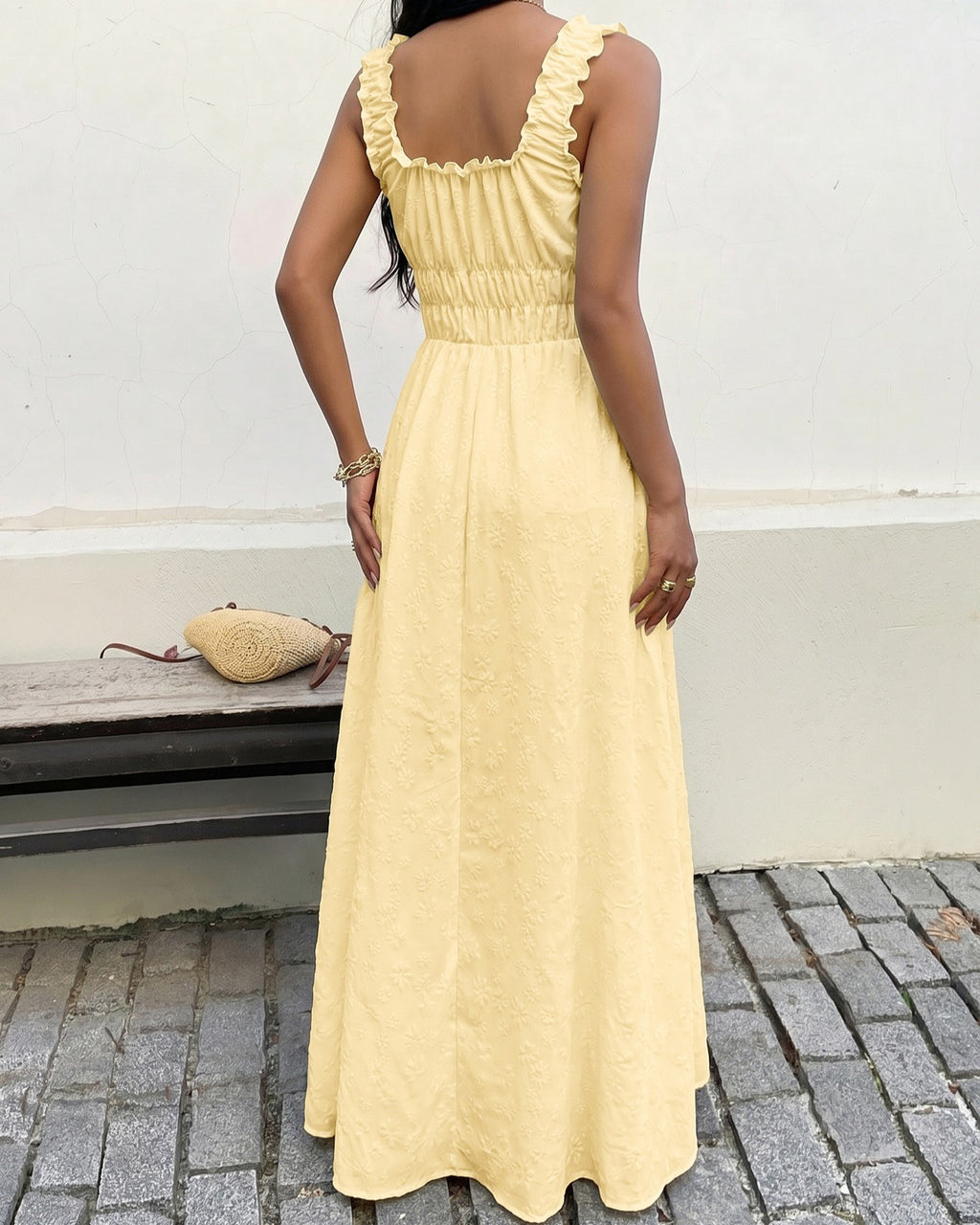 Textured Sleeveless Maxi Dress With Ruffle Straps - Yellow - 2