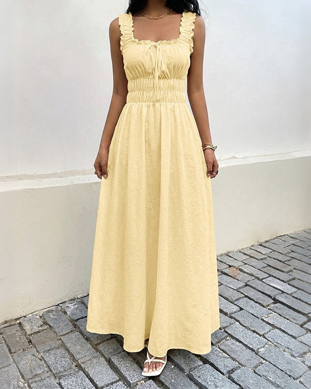 Textured Sleeveless Maxi Dress With Ruffle Straps - Yellow - 3