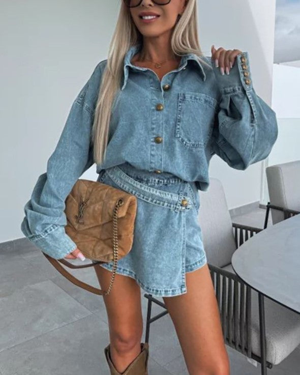 Denim Shirt and Wrap Skort Set - Blue - 1