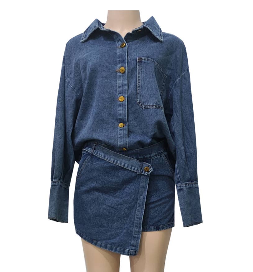 Denim Shirt and Wrap Skort Set