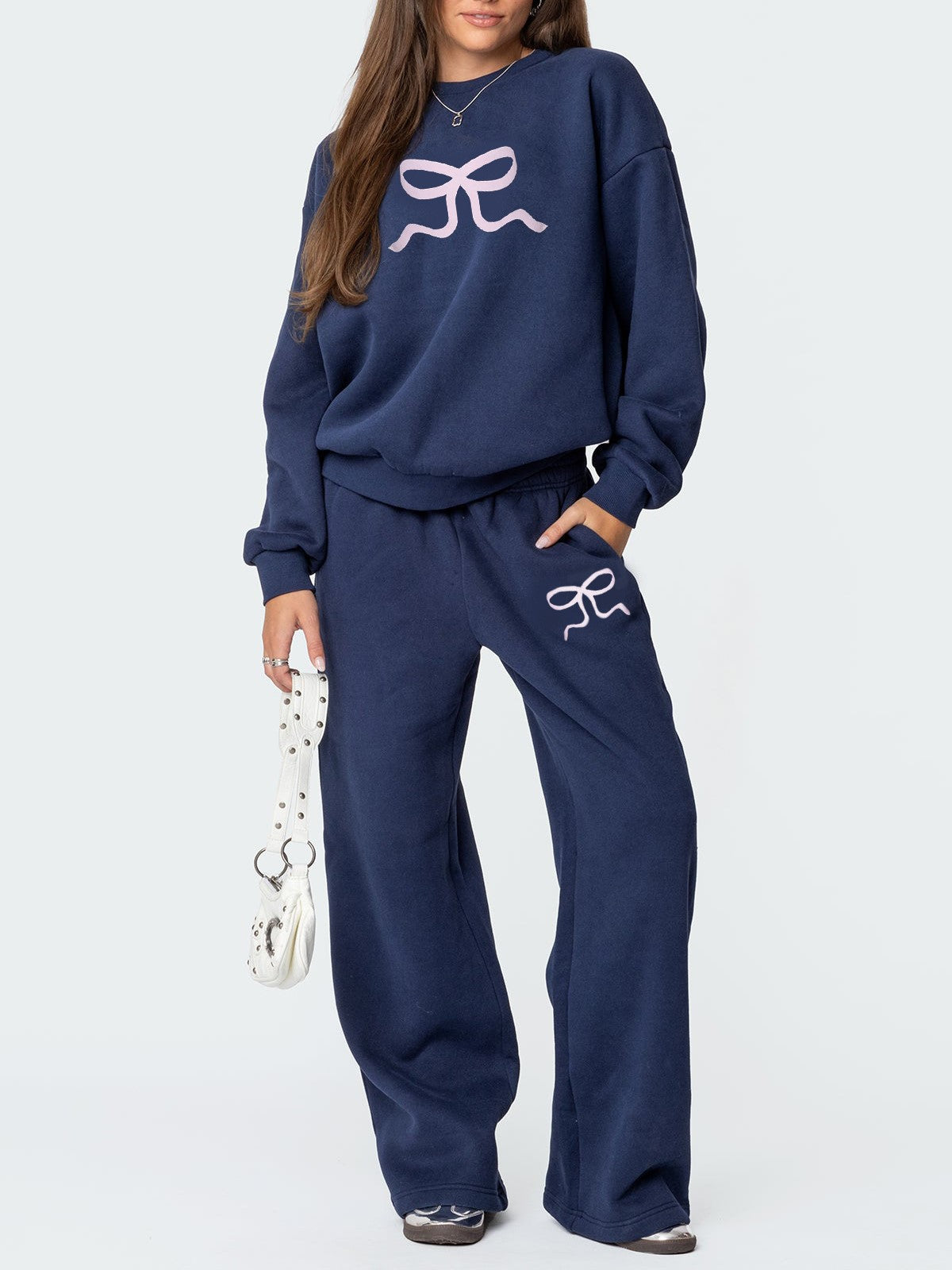 Bow Print Sweatshirt and Wide Leg Pants Set - DarkBlue