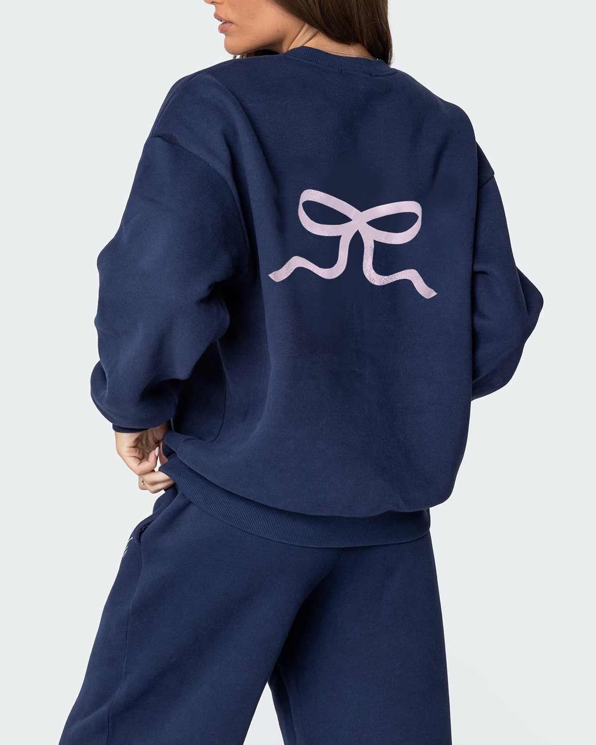 Bow Print Sweatshirt and Wide Leg Pants Set - DarkBlue - 1