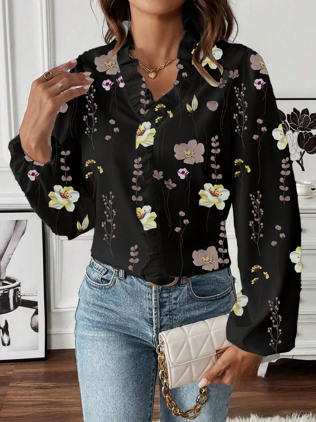 Ruffle V Neck Ditsy Floral Balloon Sleeve Shirt - Black - 1