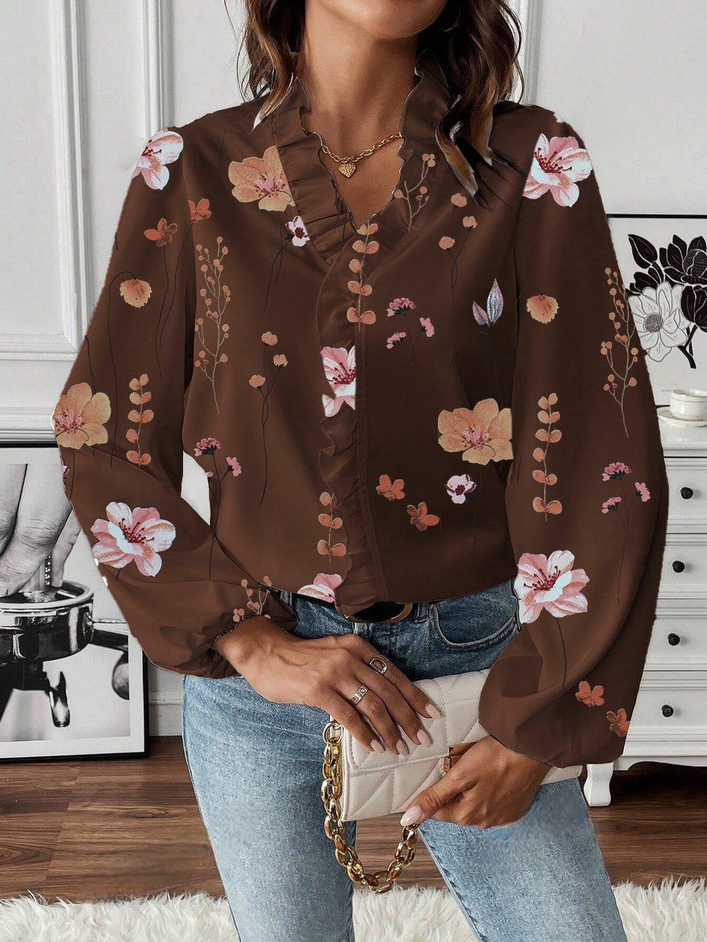 Ruffle V Neck Ditsy Floral Balloon Sleeve Shirt - Coffee
