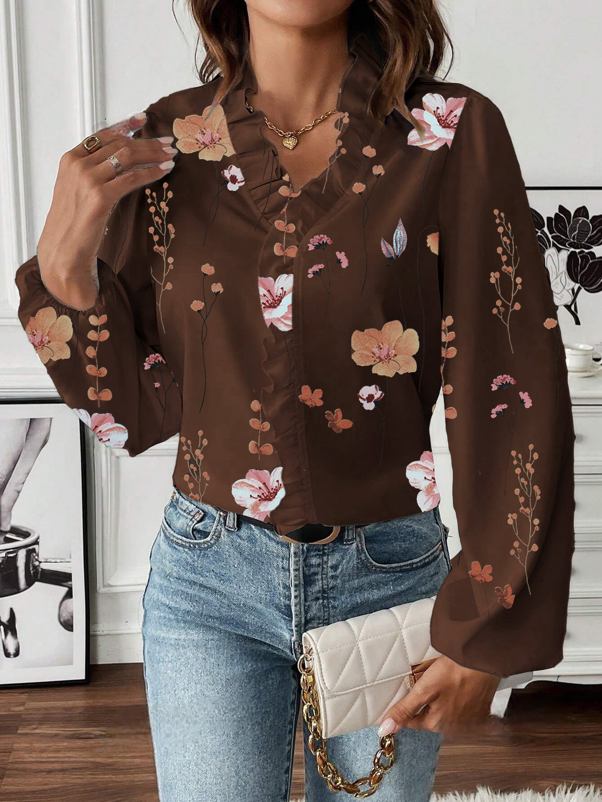 Ruffle V Neck Ditsy Floral Balloon Sleeve Shirt - Coffee - 1