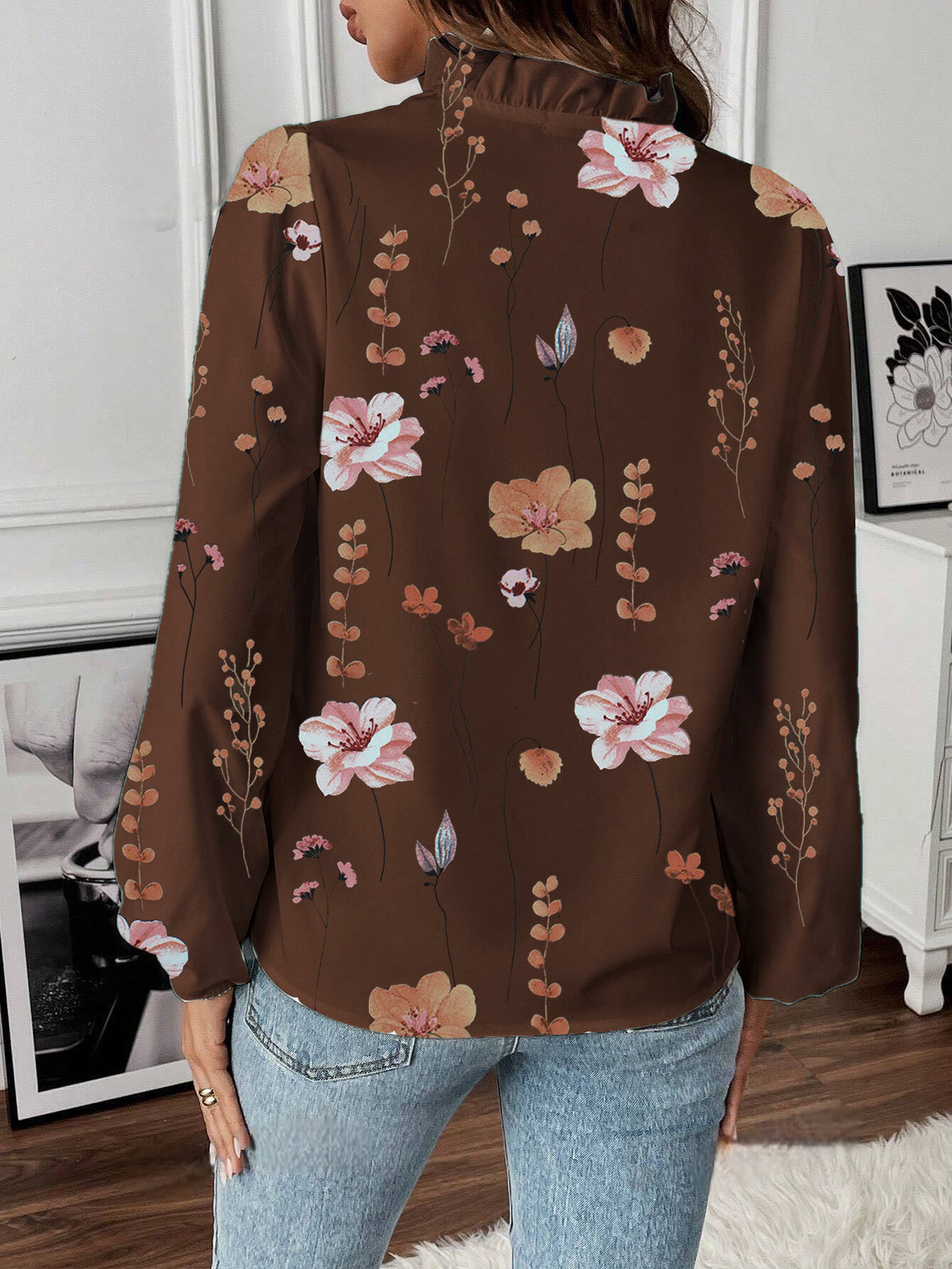 Ruffle V Neck Ditsy Floral Balloon Sleeve Shirt - Coffee - 2
