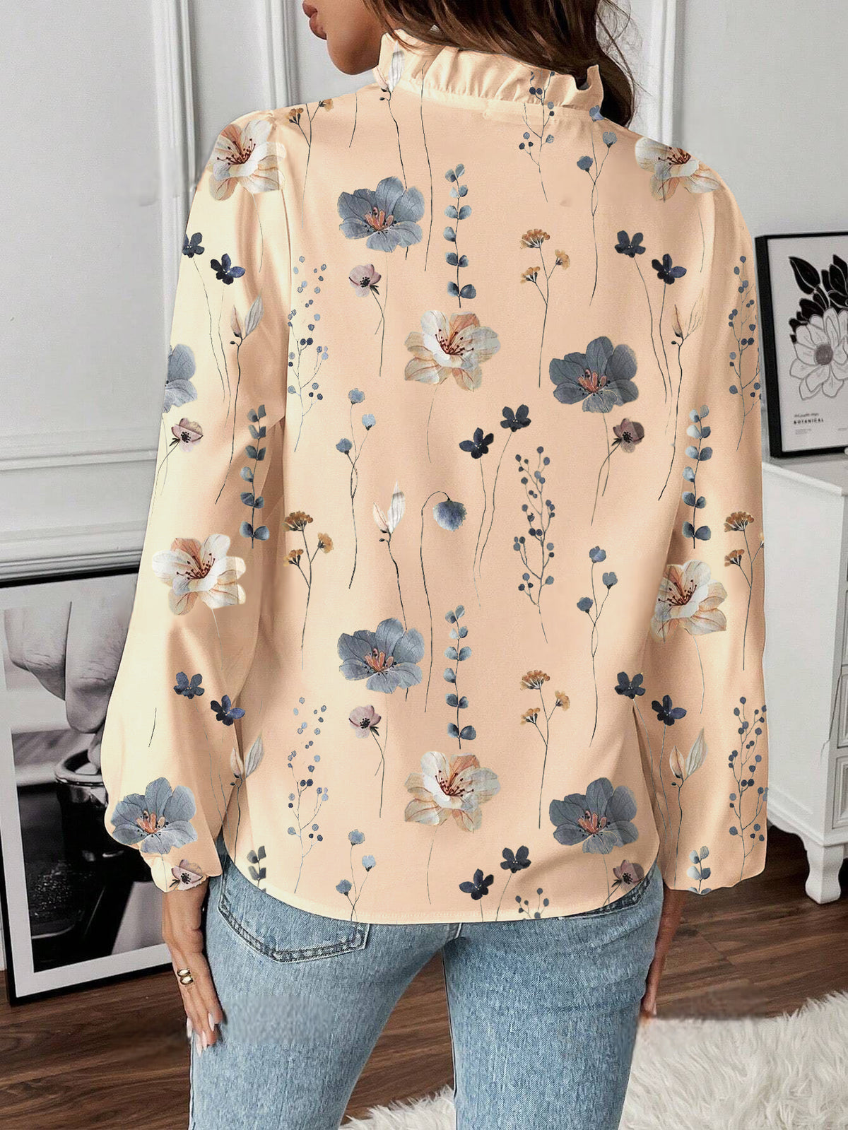 Ruffle V Neck Ditsy Floral Balloon Sleeve Shirt - Pink - 2
