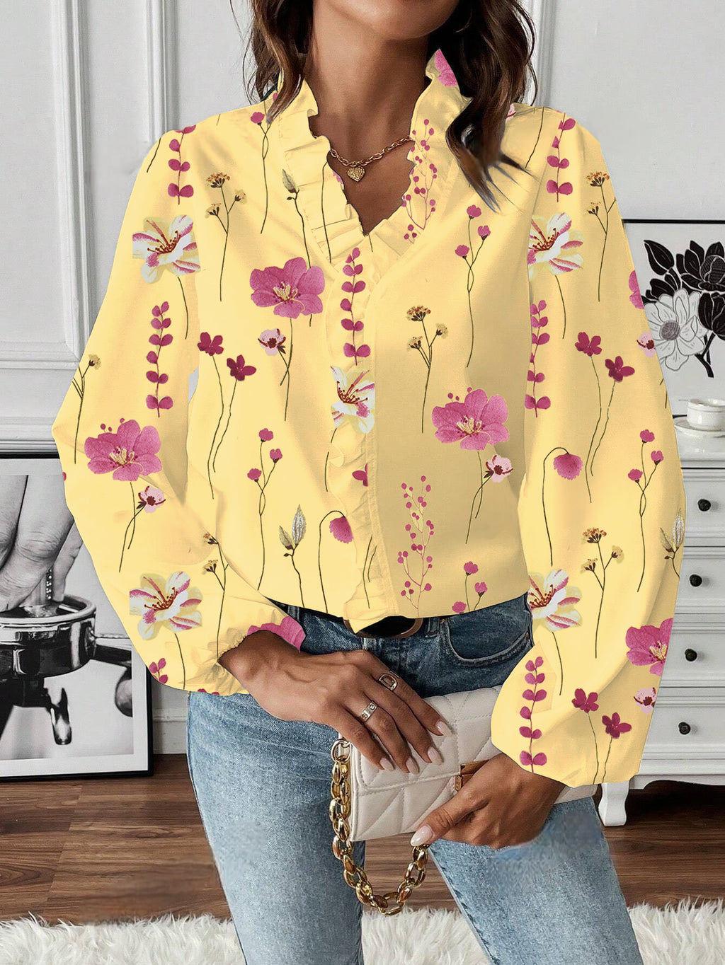 Ruffle V Neck Ditsy Floral Balloon Sleeve Shirt - Yellow