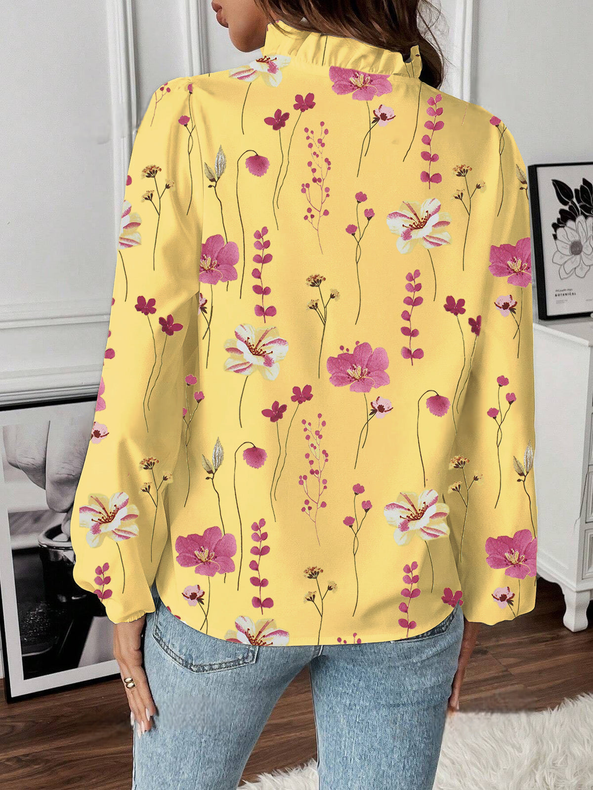 Ruffle V Neck Ditsy Floral Balloon Sleeve Shirt - Yellow - 1