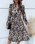 Abstract Print Tie Waist Midi Dress - DarkBlue