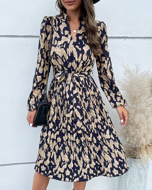 Abstract Print Tie Waist Midi Dress - DarkBlue
