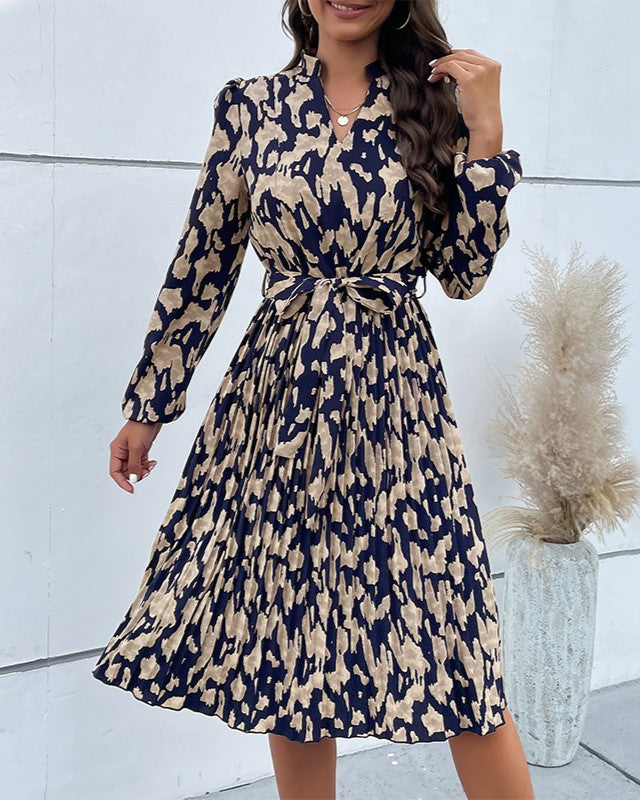 Abstract Print Tie Waist Midi Dress - DarkBlue - 1