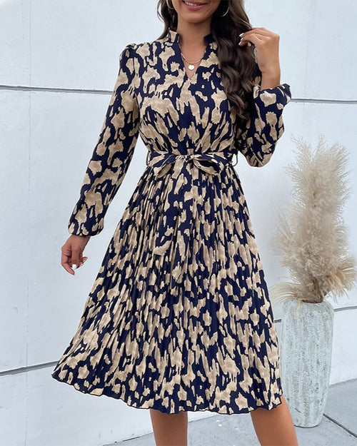 Abstract Print Tie Waist Midi Dress - DarkBlue - 1