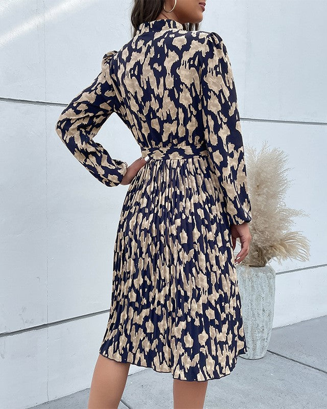 Abstract Print Tie Waist Midi Dress - DarkBlue - 3
