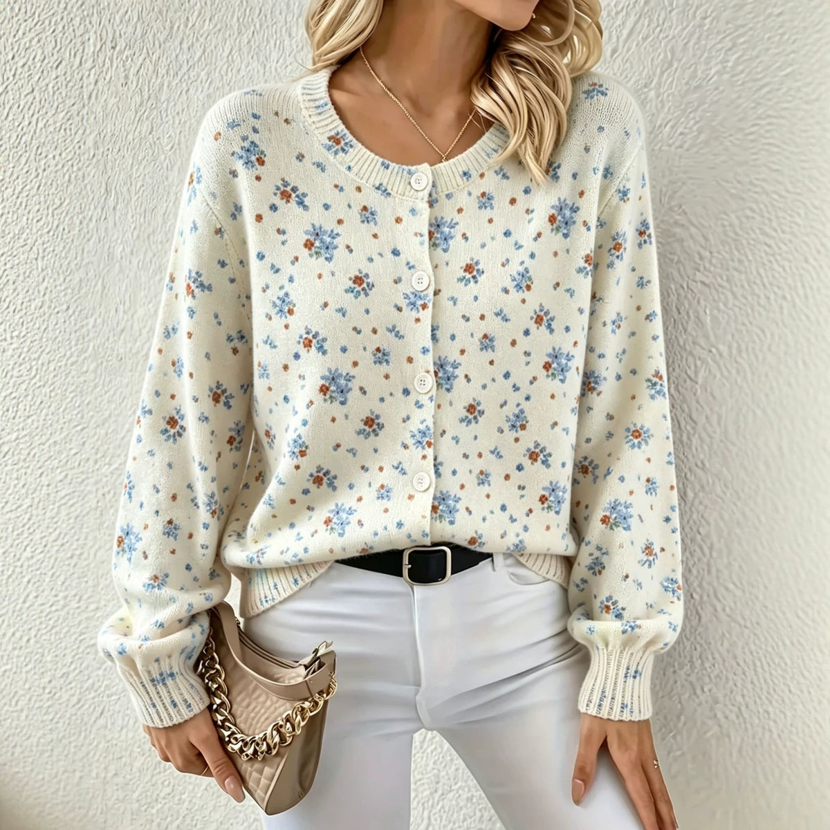 Printed Crewneck Button Down Knit Cardigan - BlueFloral