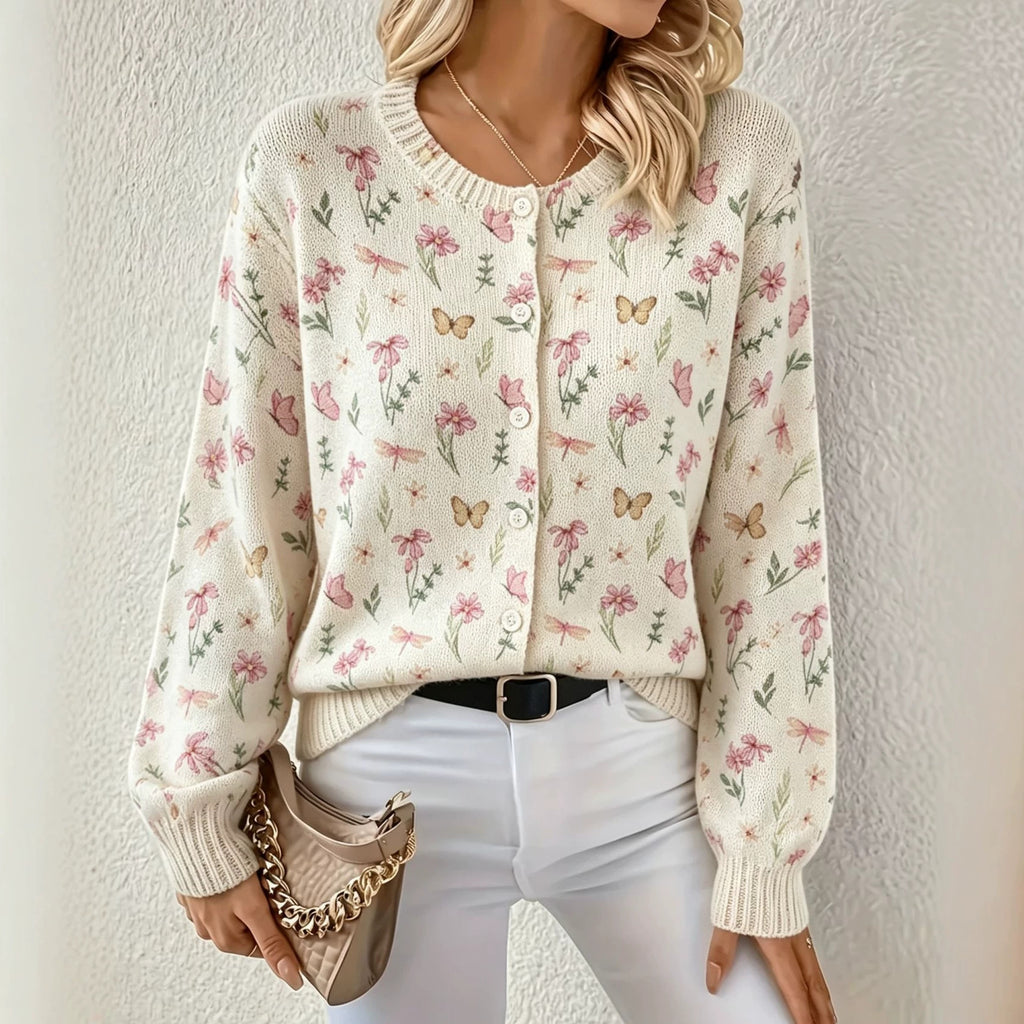 Printed Crewneck Button Down Knit Cardigan - Butterfly