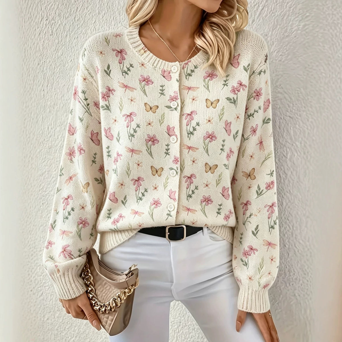 Printed Crewneck Button Down Knit Cardigan - Butterfly