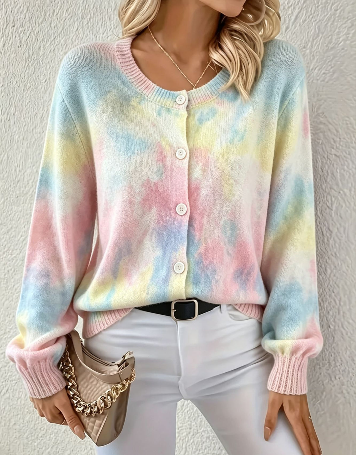 Printed Crewneck Button Down Knit Cardigan - Multi01