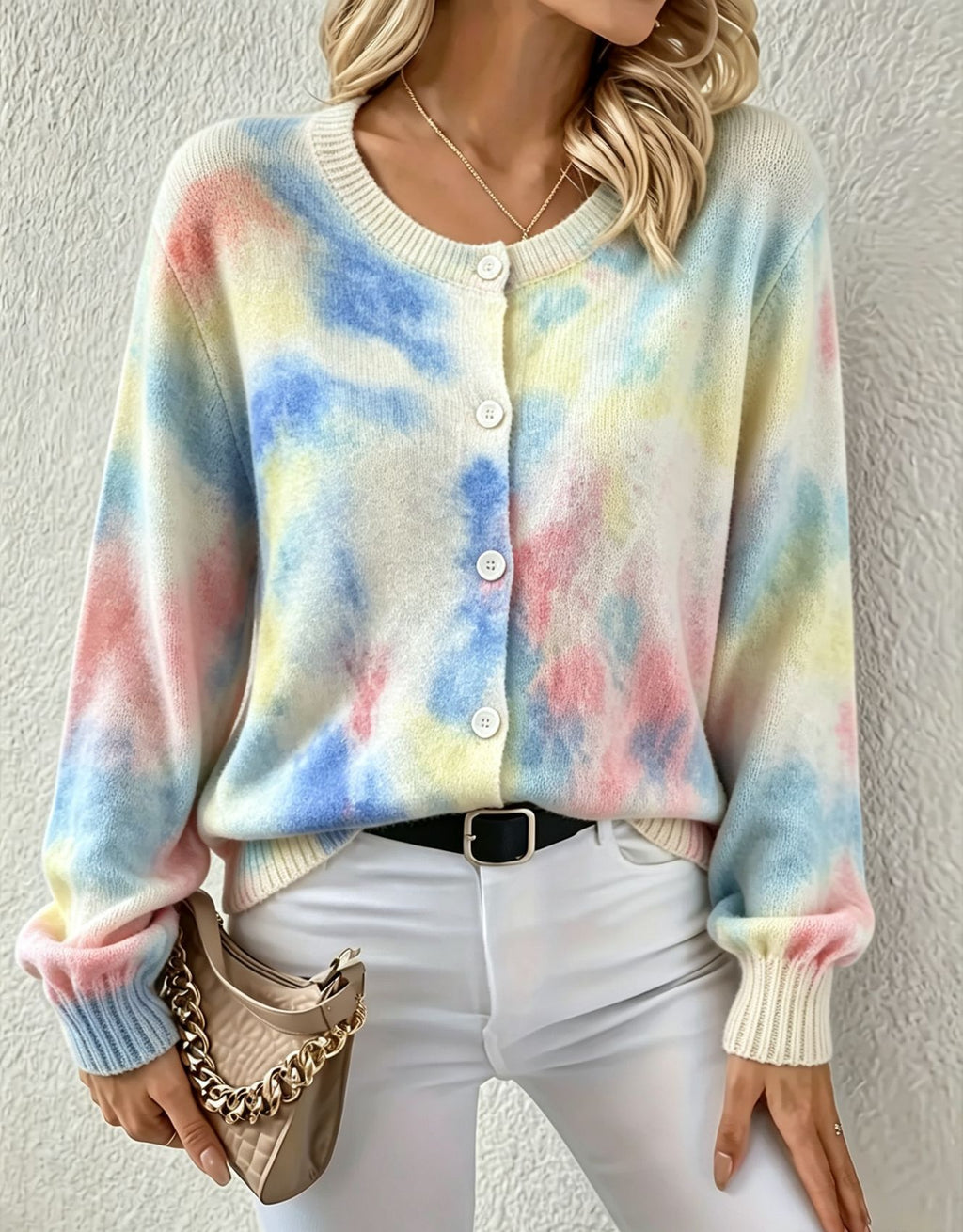 Printed Crewneck Button Down Knit Cardigan - Multi02