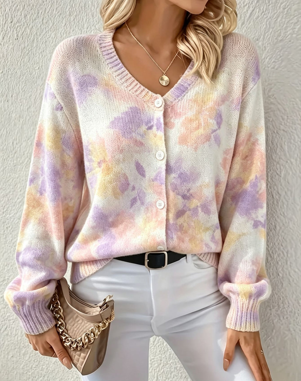 Printed Crewneck Button Down Knit Cardigan - Multi03