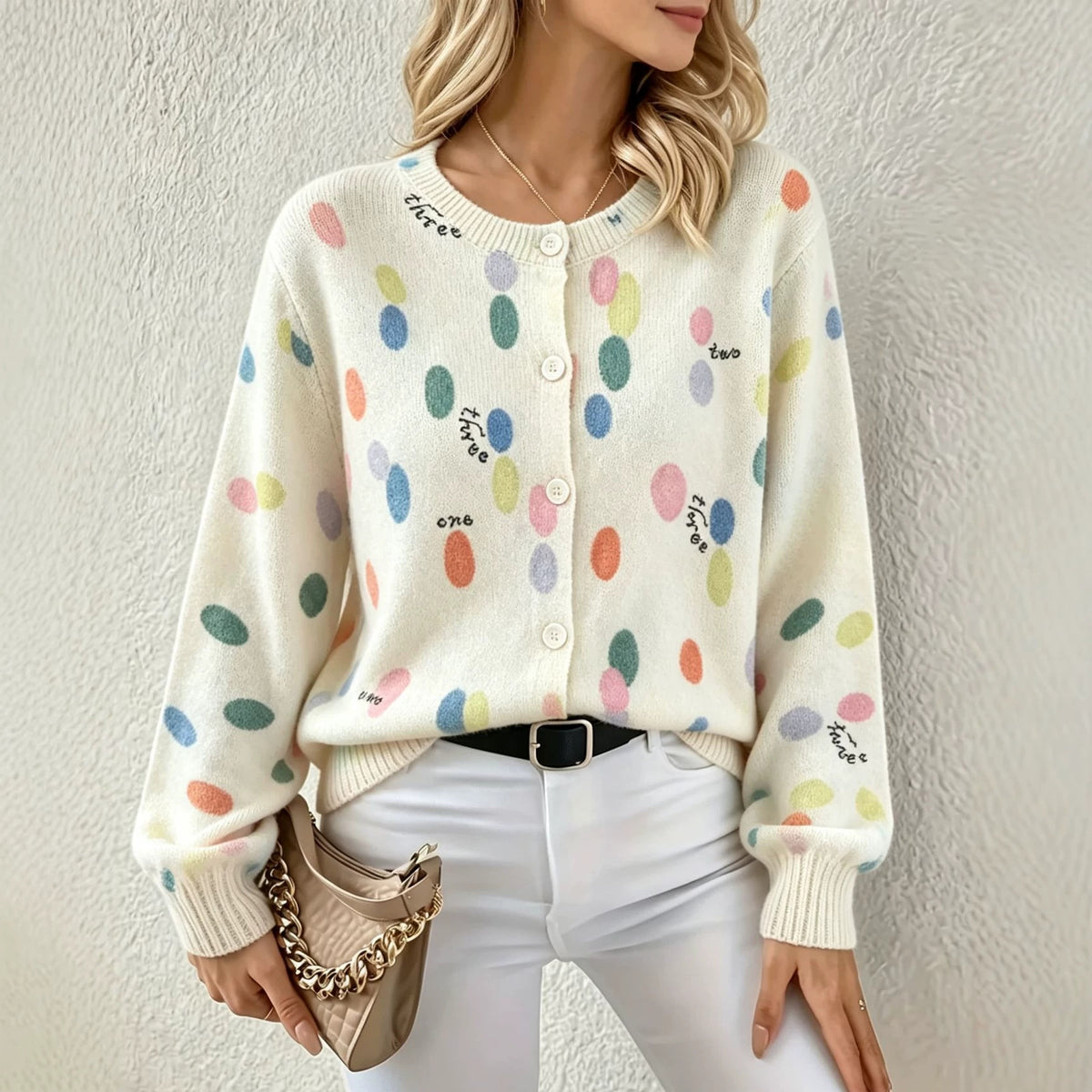 Printed Crewneck Button Down Knit Cardigan - PolkaDots