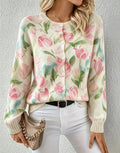 Printed Crewneck Button Down Knit Cardigan - Tulip