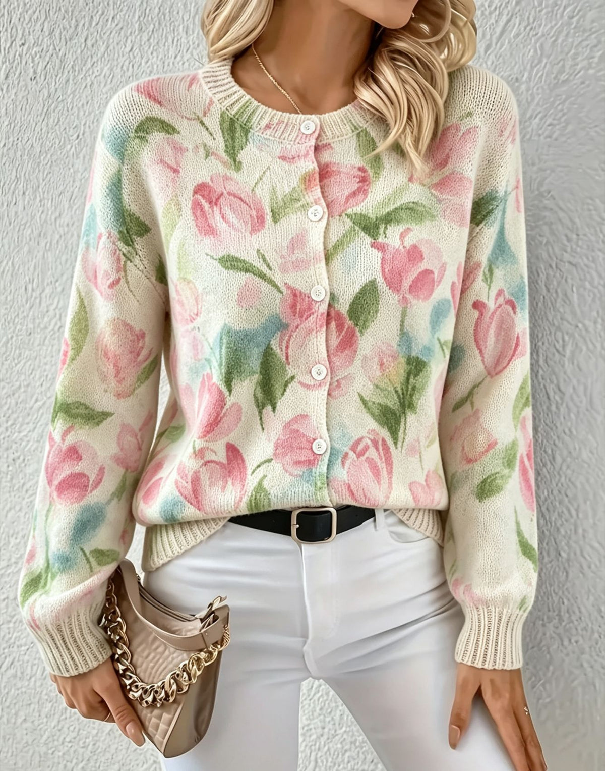 Printed Crewneck Button Down Knit Cardigan - Tulip