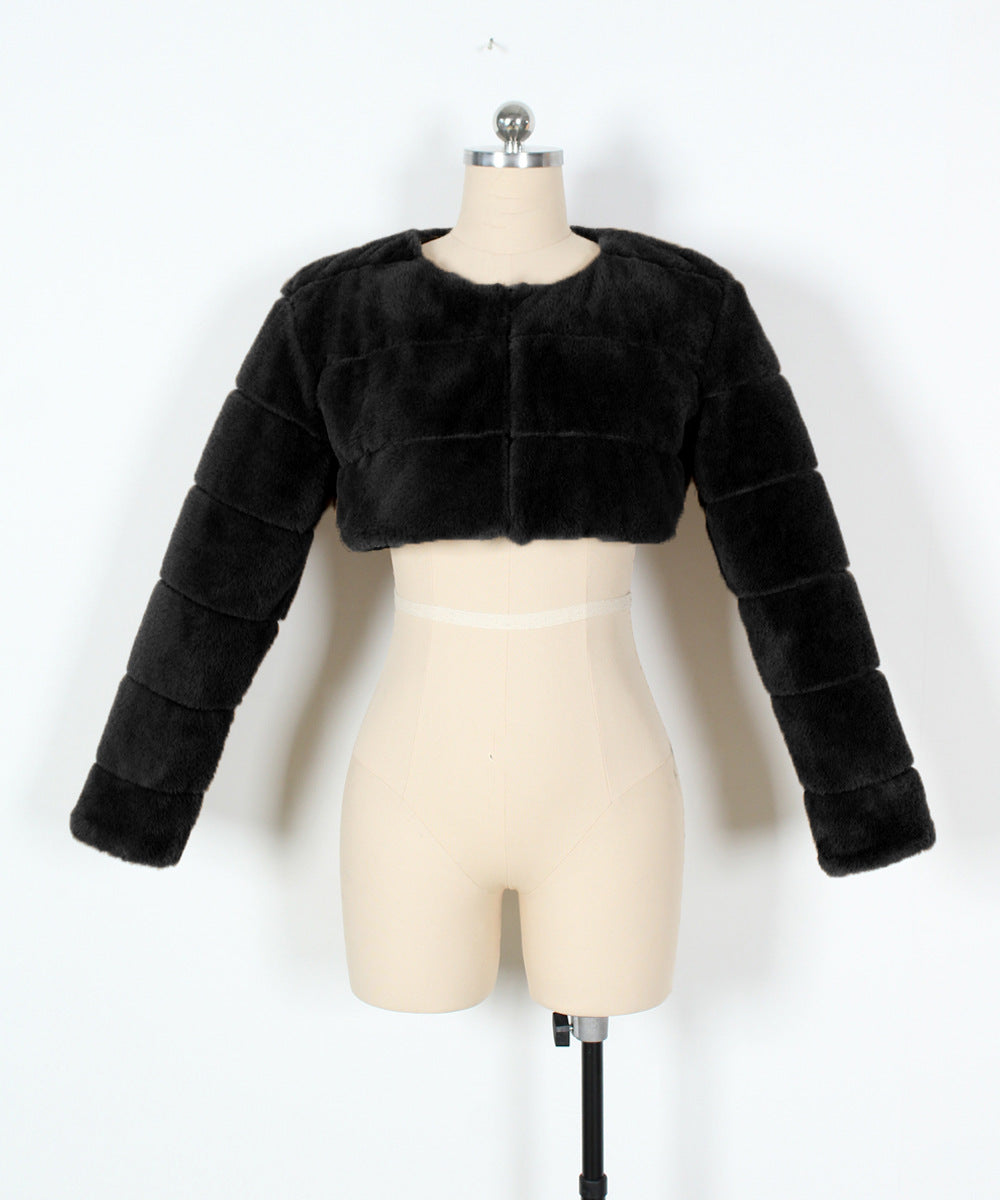 Super Cropped Panelled Faux Fur Coat - Black